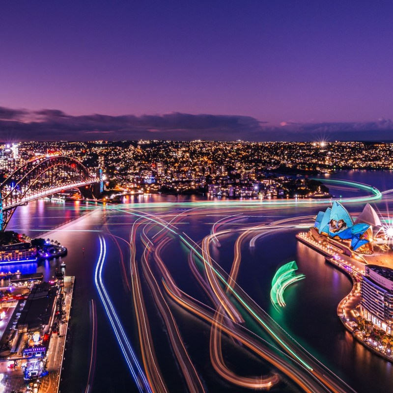 aerial view of a VIVID Sydney Harbour Cruise.