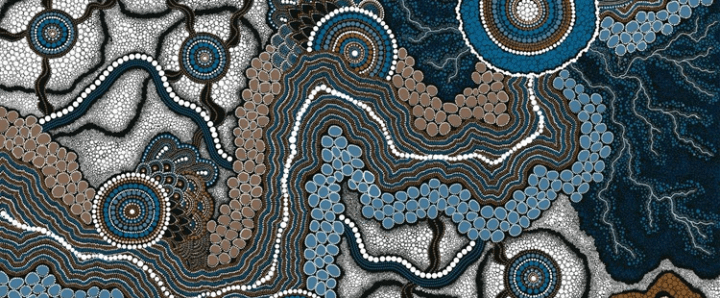 Abstract pattern with circular and wavy designs in blue, brown, and white tones.