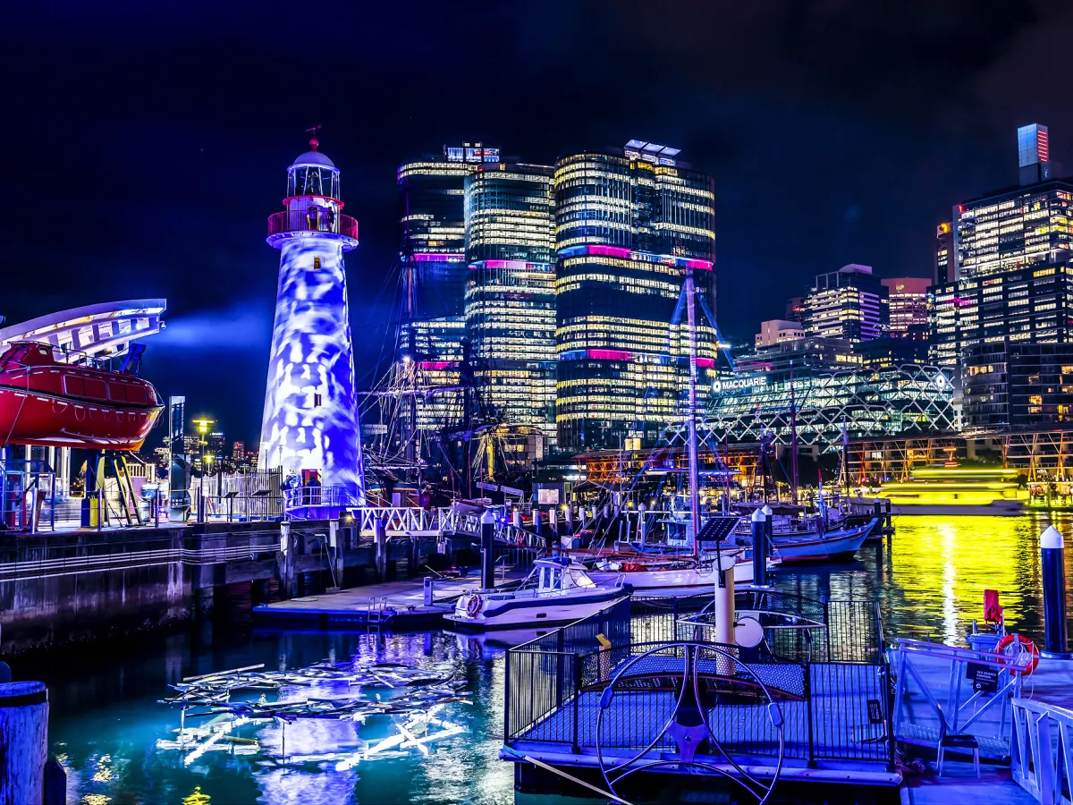 a boat docked at night