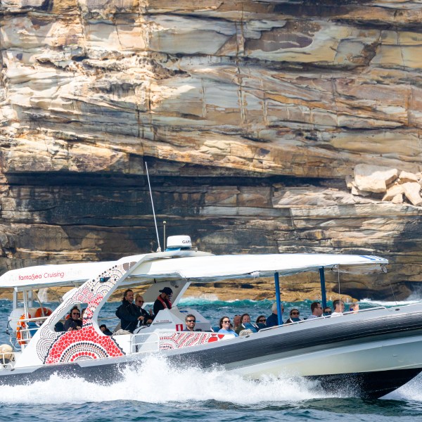 Boat with people cruising near rocky cliff on a sunny day.