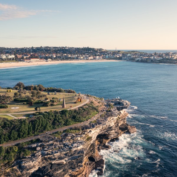 Aerial view of coastline with a park, beach, and ocean under a clear sky.