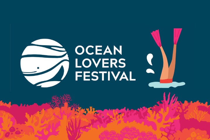 Logo of Ocean Lovers Festival with coral and a diver's legs with flippers.